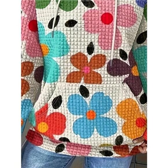 Floral Print Textured Drawstring Hoodie - Picture 8 of 11